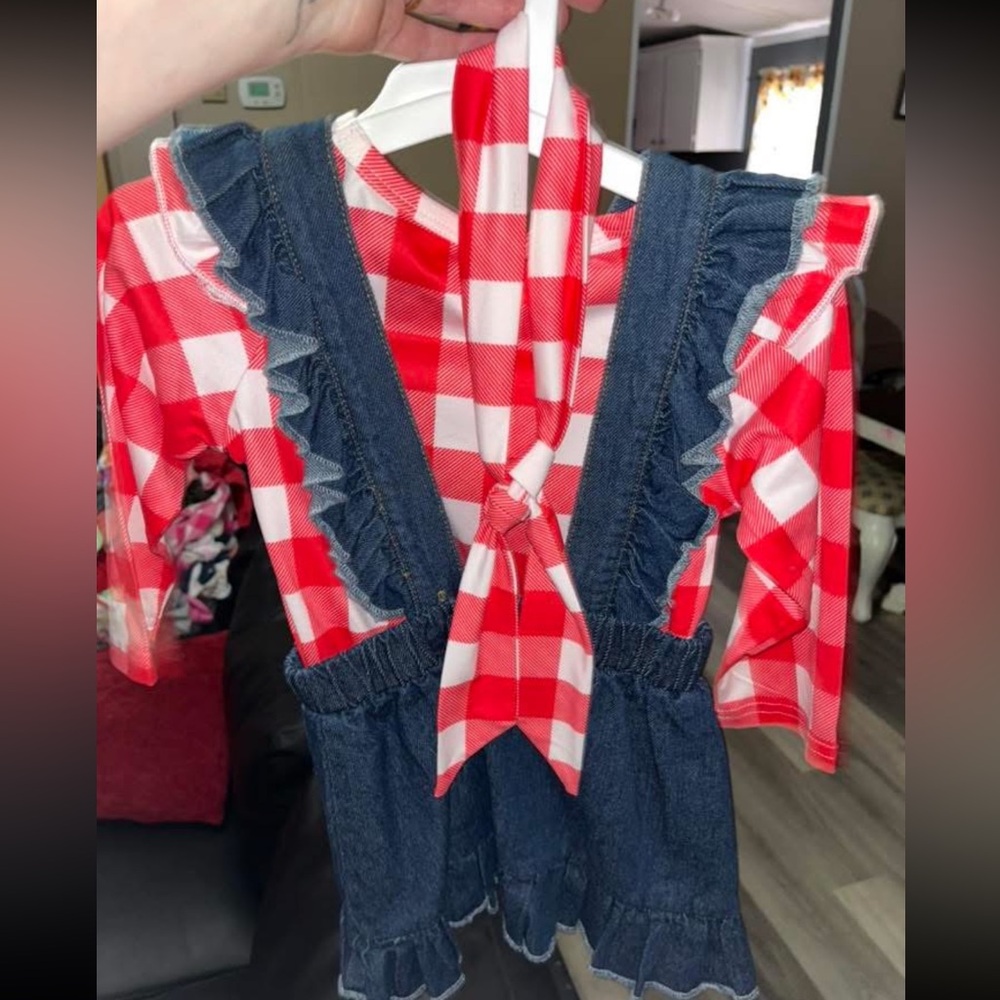 Red Plaid and Denim Ruffle Dress